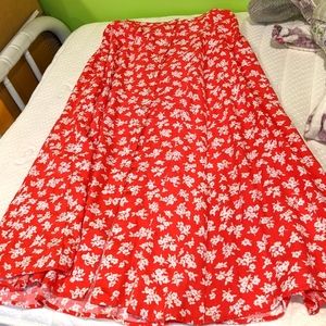 Mid-calf button-down red floral skirt